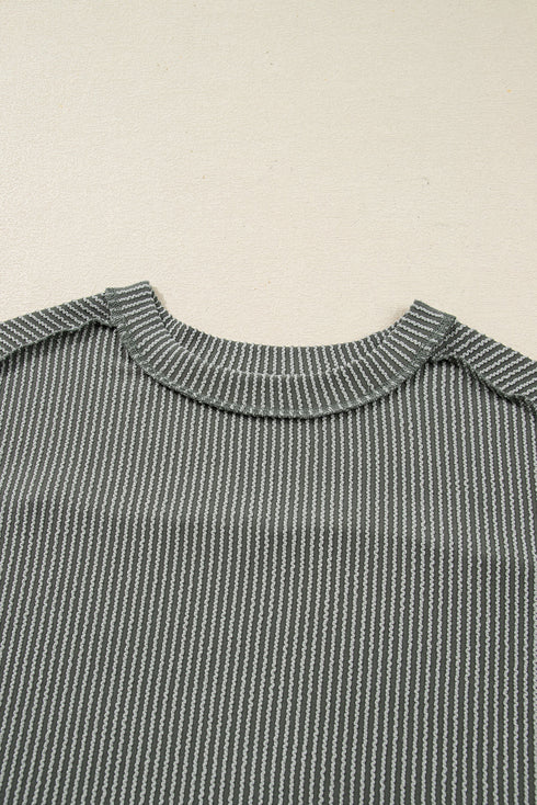Corded Rib Exposed Seam Drop Shoulder Curved Hem Long Sleeve Top